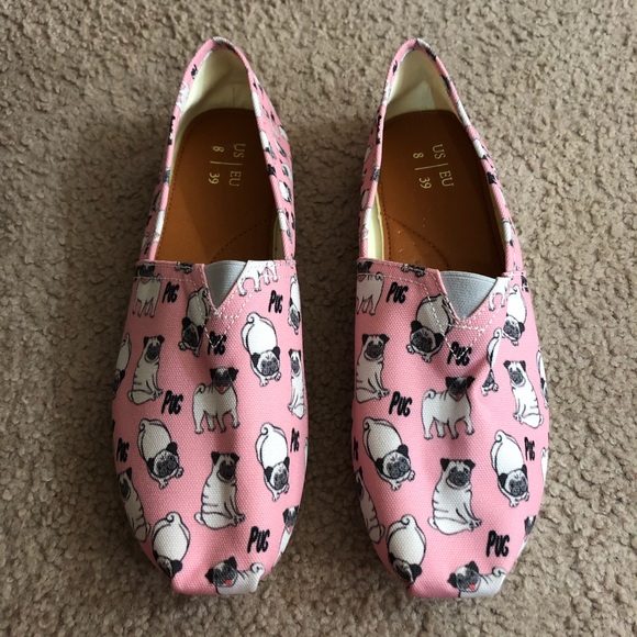 Shoes - Pink Pug Novelty Printed Slip On Flats